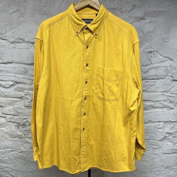 Vintage Lands' End Yellow Button Shirt L Made In Hong Kong 100% Cotton Men’s 16 - Picture 1 of 8